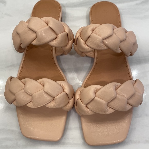 NEW / Two Strap Braided Sandals / Square Toe / Flat Heel / Nude Sandal - Picture 3 of 6